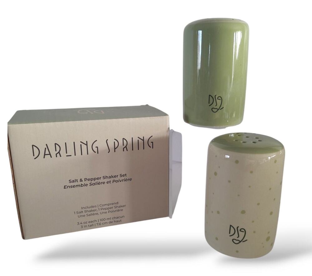 Darling Spring Salt Pepper Shaker Set NEW Farmhouse Ceramic Stoneware Green